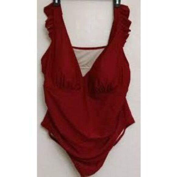 Kona Sol Size M Ruffle Shoulder One Piece Swimsuit Maroon Red Plunge Neck Classy - Picture 3 of 6